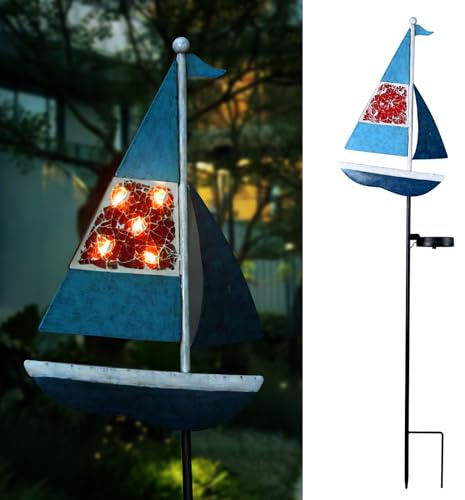 Yiosax Solar Garden Lights Sailboat Stake Decor-Yard Outdoor Statue Decorations Waterproof 5 LED Metal Landscape Lighting Flower Bed,Pond,Yard,Lawn Gift for Mom Grandma Women