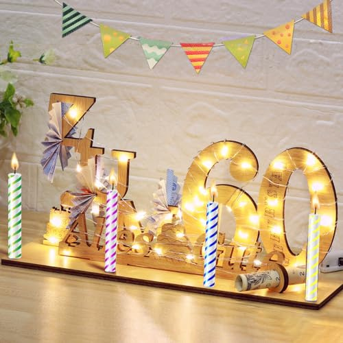 JIZZU 60 Geldgeschenke Geburtstag, Holz-Schild Gästebuch, mit LED Lichterkette, Jubiläum Tischdeko, Personalisierbares Geschenk für Frauen & Männer, für Geburtstagswünsche und Hochzeitsjubiläen