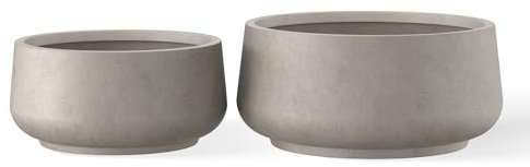 Kante 34 und 40 cm Durchmesser, große runde Panter (2er-Set), Beton-Blumentöpfe für den Innen- und Außenbereich, mit Ablaufloch und Gummistopfen für Zuhause, Terrasse, Garten, Balkon, verwitterter