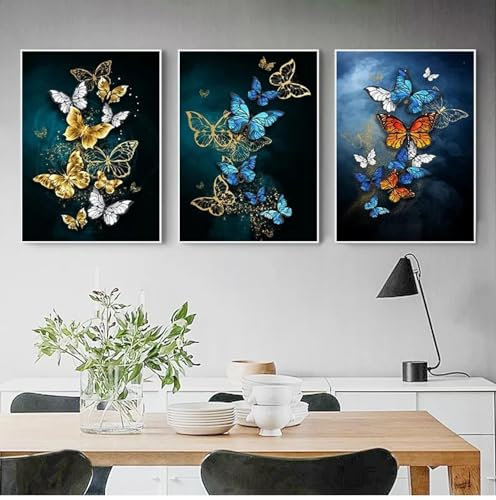 NXMYDBD Leinwanddrucke, abstrakter goldener blauer Schmetterling, Wandkunst, moderne Wandbilder, Wohnzimmer, Salon, großer gelber Schmetterling, Druck, 70x90cm (28x35 Zoll) x3, ungerahmt