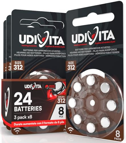 24 Batterie per Apparecchi Acustici Udivita Misura 312 (Marroni) PR41 Zinco Aria con Phono Pulse Technology - 3 Blister da 8 Pile