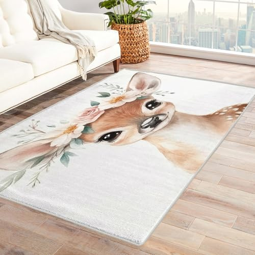 REH Teppich Mädchen - Teppich Wohnzimmer Schlafzimmer Waldtiere, Kleiner Teppich REH Blumen, Weich Kurzflor & Waschbar & rutschfest Fussmatte Innen, Kinderteppich 80x150 cm