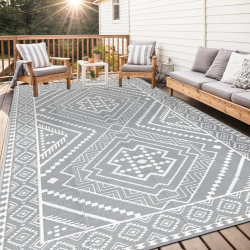 Capslpad Outdoor Teppich Wetterfest 240x305cm Reversible Geometrie Kunststoff Strohmatte UV-beständiger Faltbar Tragbarer Campingbereich Teppiche für Picknick RV Garten Strand, Grau