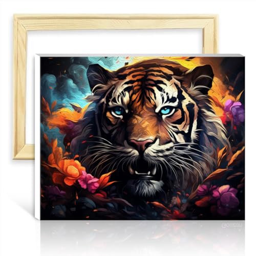 LiHEQING Malset auf Leinwand, Fantasie-Tiger, Ölgemälde zum Selbermachen, mit Pinseln und Acrylpigmenten, gemalter Stil für die Inneneinrichtung, mit Rahmen (40 x 50 cm)