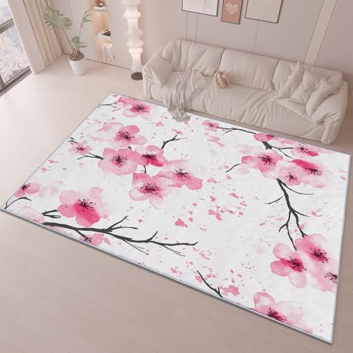 Tappeto per Soggiorno 180x270 cm Fiore di Pesco Pianta Dell'Acquerello Tappeti Camera da Letto Morbido Tappetino Antiscivolo Rosa Grandi Dimensioni Tappeto Pelo Corto Orientale Tappeto Stile