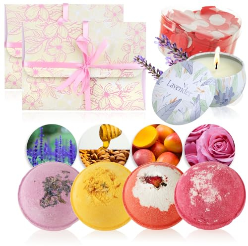 Wilhelm Sell® 4X Geschenk-Box für Valentinstag, Geburtstag, Muttertag - Insgesamt 16x Badebomben, 4X Badekonfetti und 4X Sojawachskerzen - Wellness-Sets für Frauen und Männer zur Entspannung