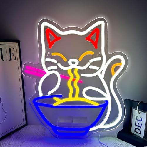 RuCvixkt Ramen katt neonskylt lycklig ramen lycka katt noodle dimbar LED-lampa skylt japansk maneki neko neontecken för sovrum, pastaresturant, baby flicka rum art decor