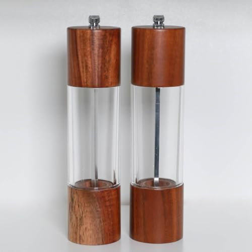 Treasy Set di macinasale e pepe in legno, set da 2 macinaspezie con meccanismo in ceramica, grado di macinatura regolabile e ricaricabile, elegante legno di acacia, senza plastica, altezza 21,5 cm