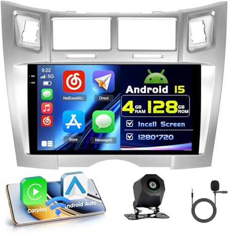 Hikity 4+128G 9 Radio Android para Toyota Yaris/Vizi 2005-2011 | Incell Pantalla Táctil Wireless Carplay Autoradio 2 DIN GPS Navi Bluetooth 5.0 WiFi FM/RDS Cámara Trasera EQ 4+128G