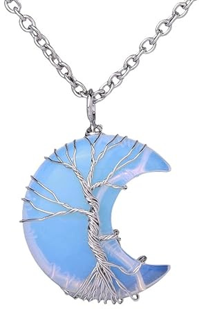 Collier Pendentif Arbre De Vie Enroulé En Fil De Fer Reiki Croissant De Lune Pendentif Énergie Cristal Spirituel Bijoux Faits À La Main Pierres Précieuses Naturelles Pour Femmes Opale Chaîne En