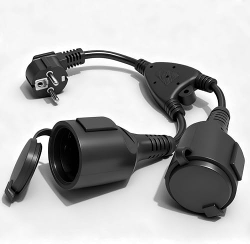 Sudnsadaks Doppelstecker für Steckdose, Verlängerungskabel Kurz mit Steckdosenadapter 2 Fach Schuko, Mehrfachsteckdose Doppelsteckdose Steckdose, Wasserdicht IP44 Schutzkontakt Perfekt, Schwarz