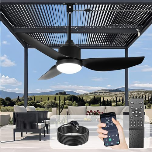 Depuley Ventilador de techo para exteriores con luz: Ventilador colgante negro de 42 para cenador, resistente al agua - Ventiladores enchufables para exteriores para patios con mando a distancia APP