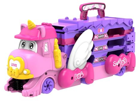 VATOS Camión de transporte para niñas de 3, 4, 5, 6 años, pista de carreras plegable de unicornio con luz y música, auto de juguete de princesa portátil con 6 autos de carreras, camión transportador