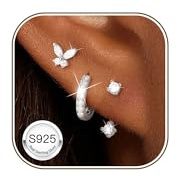 ZNBOH 3 Paires Boucles d'oreilles Argent 925 Femme Fille Clou d'Oreilles | Creoles Plaqués Or 18 Carats,Hypoallergénique,Zirconium Papillon Trefle,Piercing Helix Cartilage Boucle Oreille,Cadeau Bijoux