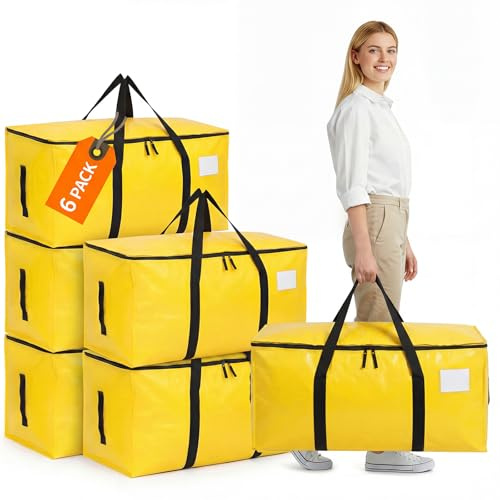 6 Pack 90L Moving Bags, Heavy Duty Storage Bag Dorm Moving Essential,Yellow | Waterproof, PP Woven Material, Sturdy Handle, 150lb Load, Label Pocket, Foldable, for Clothes, Bedding and Dorm Moves