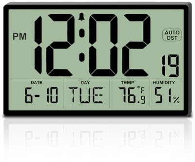 9‘’ Narrow Bezels Battery Operated Digital Wall Clock with Temperature and Humidity - Auto DST, Large 2⅝'' Digits, 5-Level Volume Alarm (3 AA Included) - Wall Mount/Desktop for Office Bedroom Kitchen