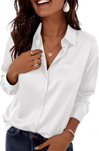 Zeagoo Blusa de Satén Mujer Manga Larga Camisa Elegantes Cuello en V | Camisas con Botones | Blusas Casual | Camiseta Empresa Básica | Tops Sólido | S-2XL
