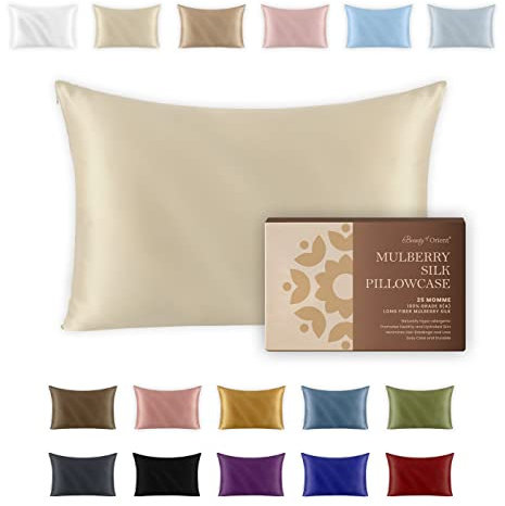 Beauty of Orient 25 Momme Premium-Maulbeerseide-Kissenbezug für Haar und Haut, handgefertigt, hypoallergen und Anti-Akne-Seiden-Kissenbezüge mit Reißverschluss, Queen-Size, 50,8 x 76,2 cm, Vanilleeis