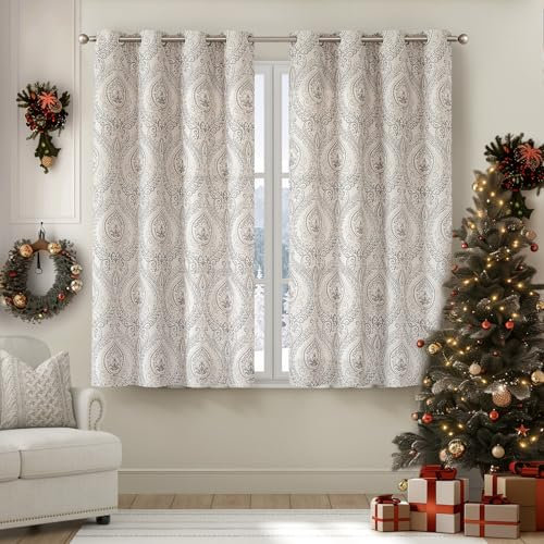 TOPICK Blickdicht Vorhänge Wärmeisoliert Verdunkelungsvorhang mit Ösen Blumen Muster Vintage Leinenoptik Gardine Lichtdicht Thermovorhang für Wohnzimmer Schlafzimmer 2 Stück H175xB130cm Grau