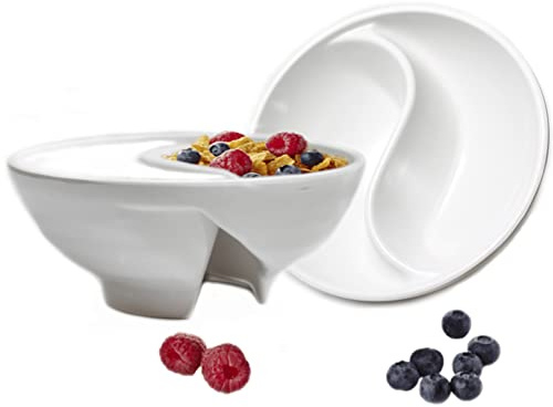 VALLENWOOD Never Soggy Müslischale Weiß x2 geteilt Müslischale getrennt Unzerbrechlich Melamin Zweiseitige Schüssel Anti Soggy Separat Ideal für Snack und Salsa