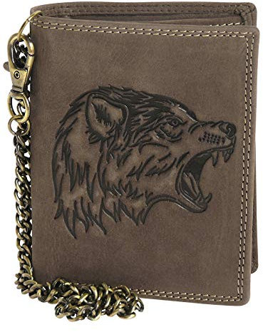 Harrys-Collection Geldbörse aus hochwertigem Vintage Leder + RFID mit Kette! Wolf, Farben:Dunkelbraun