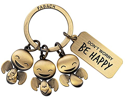 FABACH Schutzengel Schlüsselanhänger Happy-Trio mit Gravur - Glücksengel Geschenk Engel Glücksbringer Motivation - Don't Worry be Happy