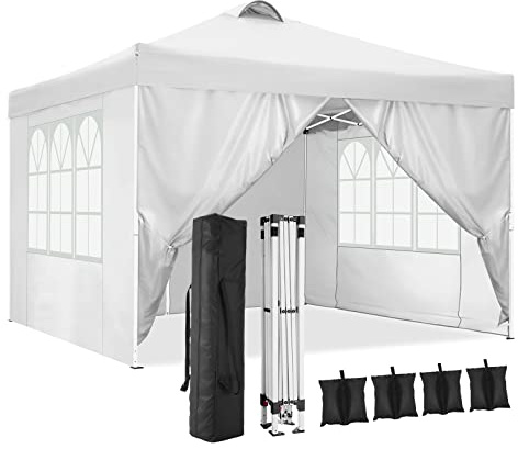 TOOLUCK Pavillon 3x3 Wasserdicht Stabil Winterfest Faltpavillon Partyzelt Faltbar Zelt Pop Up Gartenpavillon mit Entlüftung, 4 Seitenteilen, 4 Sandsack, Weiß
