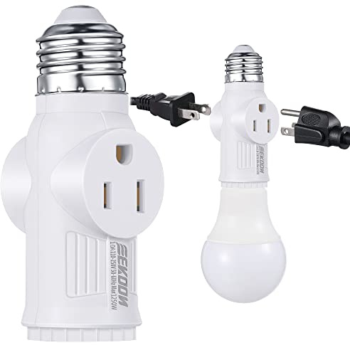 Feekoon 1 Pc Light Socket to Plug Adapter, E26 Lamp Sockets Converter to 3-Prong Outlet & Bulb Holder, Screw-in Light Socket Adapter for Garage, Porch & Utility Areas (White)