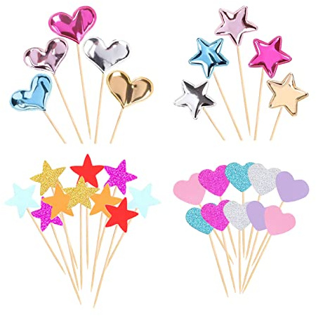 ZIQON 30 PCS Glitter Heart Cupcake Toppers Colorful Cake Decoration Heart and Star Cake Toppers Cute Party Decoration for Birthday and Baby shower (Bright)
