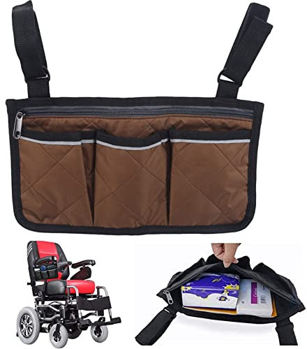 Rollstuhltasche Mit Taschen,Seitliche Armlehnentasche Für Rollstuhl,Reißverschlussfach&3 Offene Taschen,Mit Reflexstreifen,Seitliche Rollstuhltasche Für Taschentücher Pillendose Wasserflasche,Brown