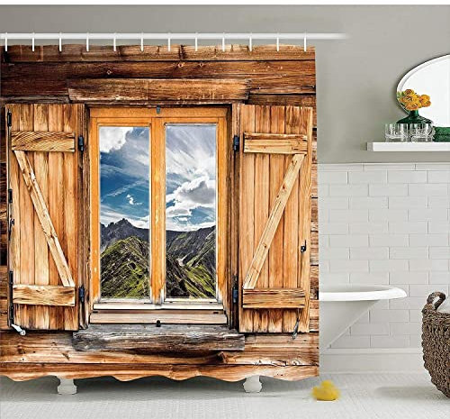 MEKPAM Wohnungsdekor Berg Und Himmelsblick Aus Einem Holzfenster Mit Fensterläden Zimmer Auf Den Hügeln Naturoptik Polyestergewebe Badezimmer Duschvorhang Rustikal Braun 180X180cm