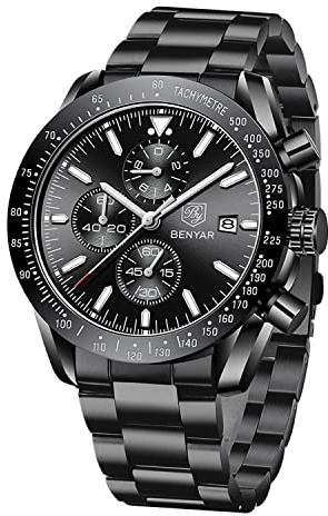 by BENYAR Relojes Hombre Analógico Cuarzo Cronógrafo Hombres Relojes Impermeable Luminoso Fecha Reloj de Pulsera Hombre Casual Vestido de Negocios Relojes para Hombres Clásico Elegante Regalo, Negro