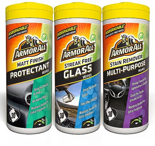 Armor All, Car Interior Cleaning Wipes, Triple Pack for Dashboard, Glass & All Around Interior, 90 Biodegradable Wipes (Set of 3x30 Plastic Free Wipes), Ideal for Car Detailing, Made in the UK