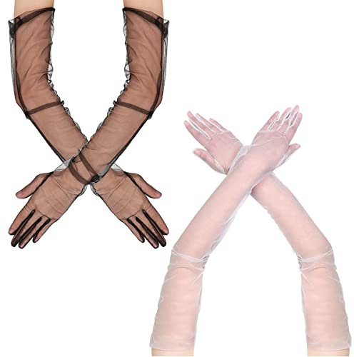 SamHeng Damen Lange Tüll Handschuhe 2 Paar Hochzeit Braut Handschuhe Mesh Transparente Handschuhe für Oper Abend Party Halloween Tee Party