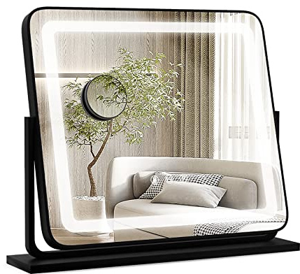 COSTWAY Specchio per Trucco, Specchio da Tavolo con luci LED a 3 Colori, Luminosità Regolabile e Controllo Intelligente a Sfioramento, Ruotabile a 360° con Ingrandimento 5X, 50x44 cm