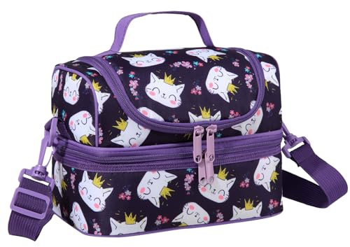 Chase Chic Kühltasche Kinder,6.5L Lunchtasche mit zwei Fächern Lila Katzen | Isoliert,mit Abnehmbarer Verstellbarer,Wasserdichte,Leicht zu reinigen,Lunch Bag für Schule,Picknick,Reisen