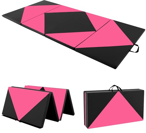 COSTWAY Colchoneta de Gimnasia Plegable 240 x 117 x 5 cm, Esterilla de Gimnasia de Piel PU para Ejercicio Aeróbico, Colchoneta Multifuncional para Gimnasio y Casa (Negro y Rosa)