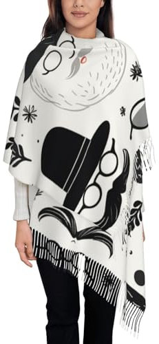 NONHAI Winterschal für Damen mit Quasten, Übergröße, Winterschal, Winterschal, Winterschal, rustikaler Stil, Barthut schwarz und weiß, One size