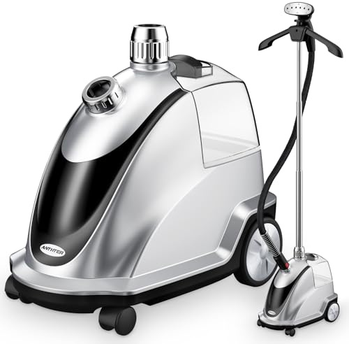 Anthter Steamer for Clothes, 1500W Powerful Standing Garment Steamer with Roll Wheels, 2.4L Water Tank for 90 Mins Continuous Steaming, 35s Fast Heat-up (Silver)