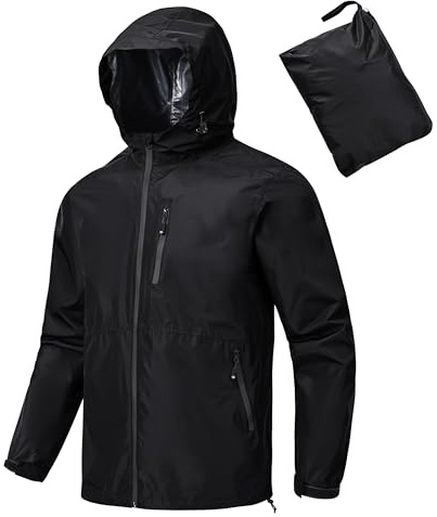 MoFiz Homme Vestes Imperméables Veste de pluie Pliable Légère Vêtements Imperméable Coupe-vent for Cyclisme Plein air Voyage Randonnée Course à pied Noir Taille EU 3XL