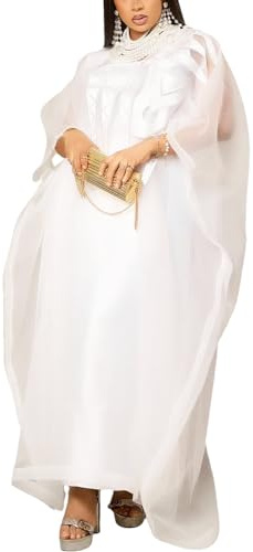 TIDOIRSA African Attire for Women White Abaya Dress Embroideried Plus Size Elegant Party Church Dresses (White, One Size)