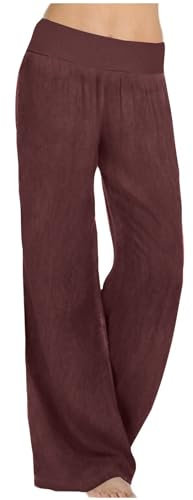 Keepink Lounge-Hose für Damen, Übergröße, Freizeithose, Retro, Baggy, elastisch, hohe Taille, Jogginghose, Damen, Activewear-Hose, gerades weites Bein mit Taschen, Trainingshose, 1 x Weinrot, M