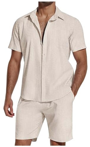 WAZHAKU Herren Hemd Kurzarm Outfit 2 Teiler Männer Sommer Hemd und Shorts Kurzarm Button-Up Revers Hemd und Shorts Herren Set Beach Shirt Kurze Hose Outfits Baumwolle Leinen Anzug Freizeitanzug