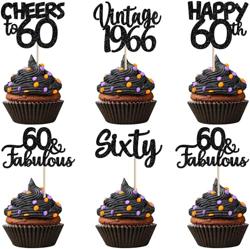 SYKYCTCY 30 Pack Happy 60th Birthday Cupcake Toppers Glitter Sixty Vintage 1966 Cupcake Picks Cheers to 60 Fabulous Cake Decorations for 60th Birthday Wedding Anniversary Party Supplies Black