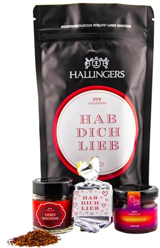 Hallingers Genuss Manufaktur Feinkost Valentinstagsgeschenk-Set - wertig in der Wundertüte Hab Dich lieb kleiner Liebesgruß Nougat-Busserl, Roibuschtee & Erdbeer-Konfitüre, Valentintstag für Frauen