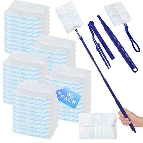 50 Stück für Swiffer Staubmagnet Nachfüllpack, 2 Griffeinheiten für Swiffer Teleskopstange, Staubwedel für Duster Staubwedel, für Allergene, Tierhaare, Reinigung Schmutz, Gegen Staub