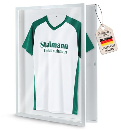 Stallmann Design Trikotrahmen 'Easy Click & Fill' mit Tür | Rahmen-Farbe: Weiß | Hintergrund: Weiß | Größe: 70 x 90 cm | hochwertige und leicht zu befüllende Vitrine für Trikots