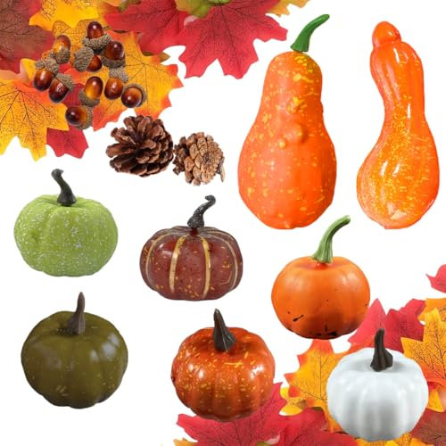 HONGECB Lot de 50 citrouilles artificielles - Décoration d'automne avec mini citrouille, glands, feuilles d'érable, pommes de pin, pour l'automne et Halloween