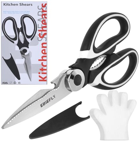 EBIEFLY Kitchen Scissors Utility Chopping Scissor Professional Shears for Meat Cutting Sharp Kitchenaid Shears Multipurpose Scissor for Food Outdoor BBQ No Rust + 100 Pcs Plastic Gloves Disposable