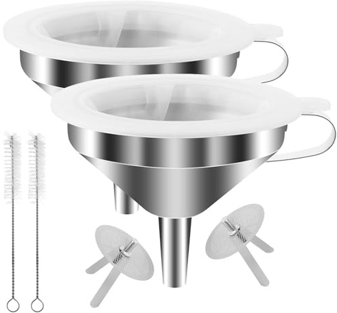 SHUESS Trichter Edelstahl Küche 2er Set, 13 cm Einfüllhilfe mit Sieb, Marmeladentrichter für Speiseöl, Saft, Milch, Sojamilch, Marmelade, Pulver, mit 2 Siebfiltern, 100 Mesh Nylonfilter und Bürsten